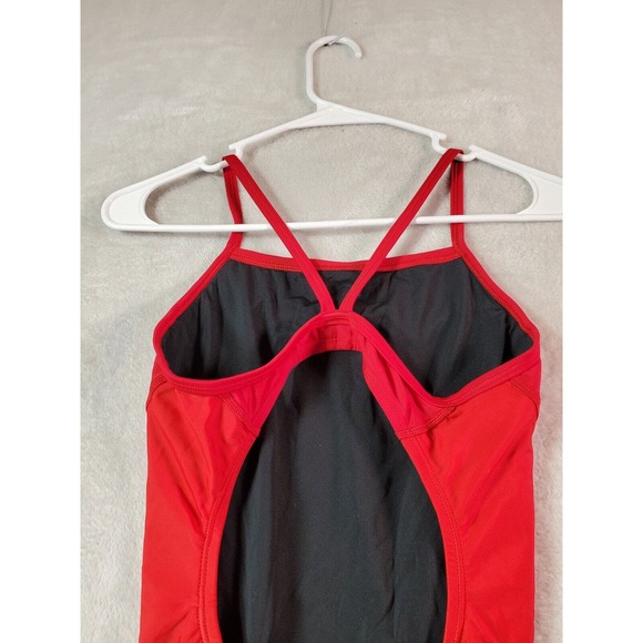 Speedo Swimsuit Womens Size 8 Red Nylon Spaghetti Straps Back Keyhole Logo - Picture 6 of 8